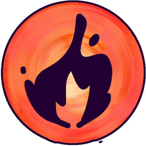  A drawing of a red-orange circle textured to vaguely resemble fire, with a very dark purple icon of a flame inside.